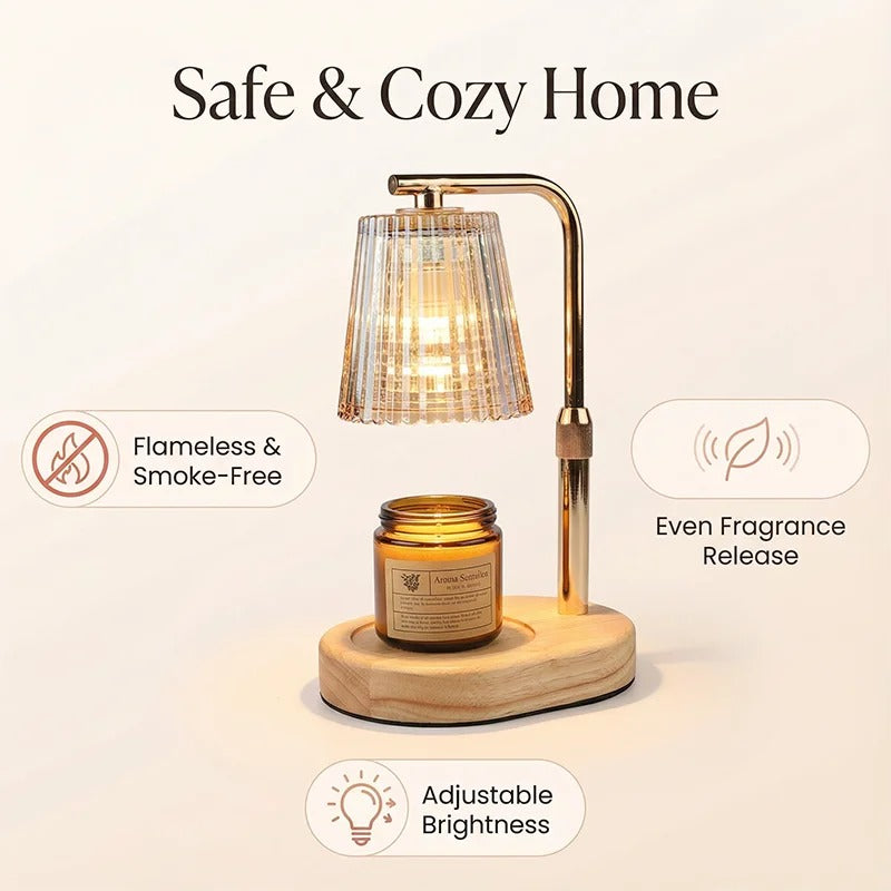 GatherGlow candle warmer lamp on cream background — flameless, even fragrance, adjustable brightness; walnut wood and gold