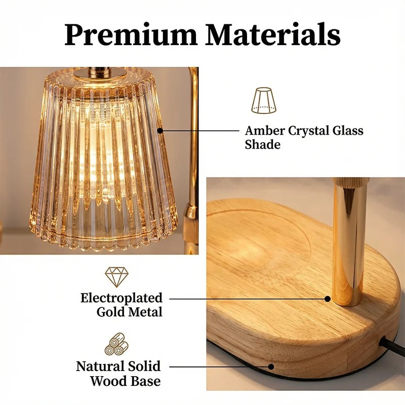 Premium materials close-up: amber crystal glass shade, electroplated gold metal, natural solid wood base
